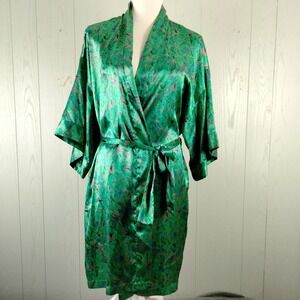VINTAGE Cacique Satin Robe Small Green Sash Tie Pockets Kimono Sleeve 80s‎ Lux